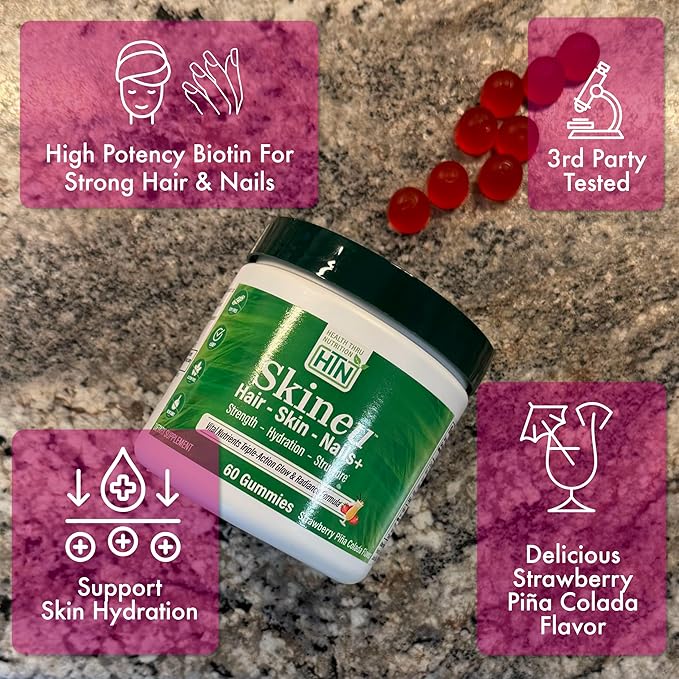 Health Thru Nutrition Skineu Hair Skin &amp Nails+ Gummies | Biotin 5000mcg Hyaluronic Acid Retinyl Palmitate | Beauty Support - Strength &amp Hydration | Strawberry Piña Colada Flavor | 60 Gummi