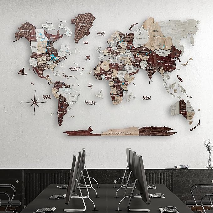 Handmade 3D Wood World Map Wall Art Large Wall Decor Track Your World Travels - Special for Home Kitchen and Office (Medium Cappuccino)