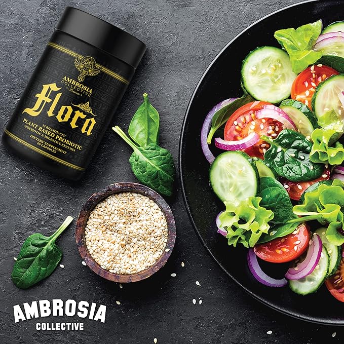 Ambrosia Flora Digestive Enzymes with Probiotics and Prebiotics Plant Based Gut Health Supplement 32 Billion CFU Vegan Probiotic for Digestive Health (30 Servings)