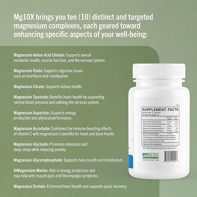 Mg10X Multi-System Magnesium | Supplement to Support Sleep - 60 Capsules | Enhanced Sleep Immune System &amp Metabolic Support | Includes Magnesium Glycinate Citrate and More