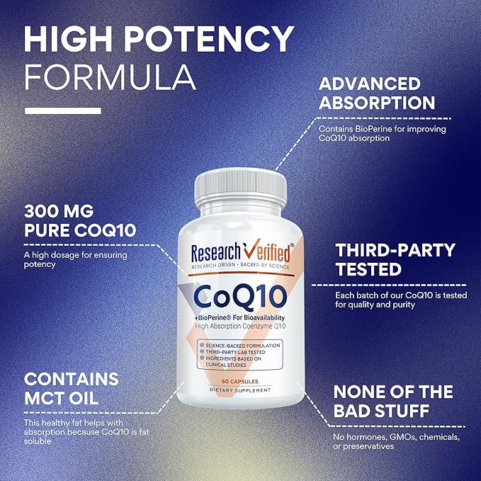 Research Verified CoQ10-100% Pure Extra Strength 300mg CoQ10 – Improved Absorption and Bioavailability with Bioperine - Boost Antioxidant Levels Improve Cardiovascular Health 60 Vegan Capsules