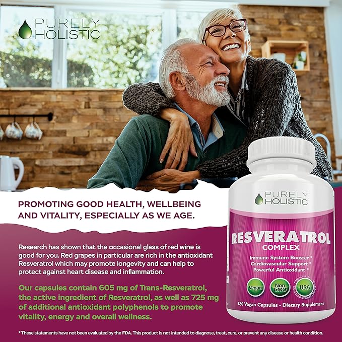 Purely Holistic Resveratrol 1450mg 90 Servings Trans-Resveratrol Antioxidant Supplement with Vitamin C and Polyphenol Complex 180 Vegan Capsules