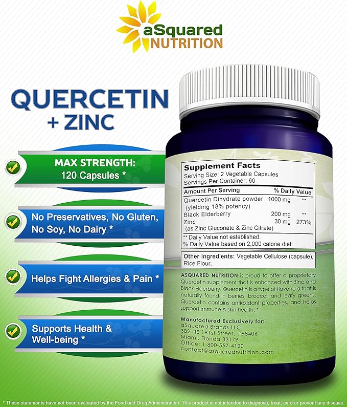 aSquared Nutrition Quercetin 1000mg with Zinc Supplement - 120 Capsules - Quercetin Dihydrate with Black Elderberry &amp Zinc - Max Strength Powder Complex Pills to Help Improve Immune Response