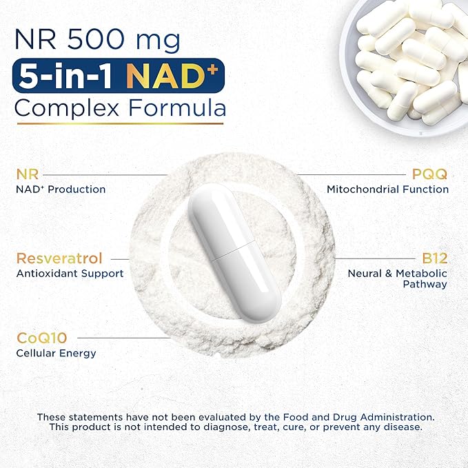 NAD+ Supplement with 500mg NR Resveratrol CoQ10 PQQ- 5-in-1 NAD Formula |NMN Supplement Alternative|NAD Resveratrol Support Cellular Energy &amp Healthy Aging-Made in USA-60 Capsules