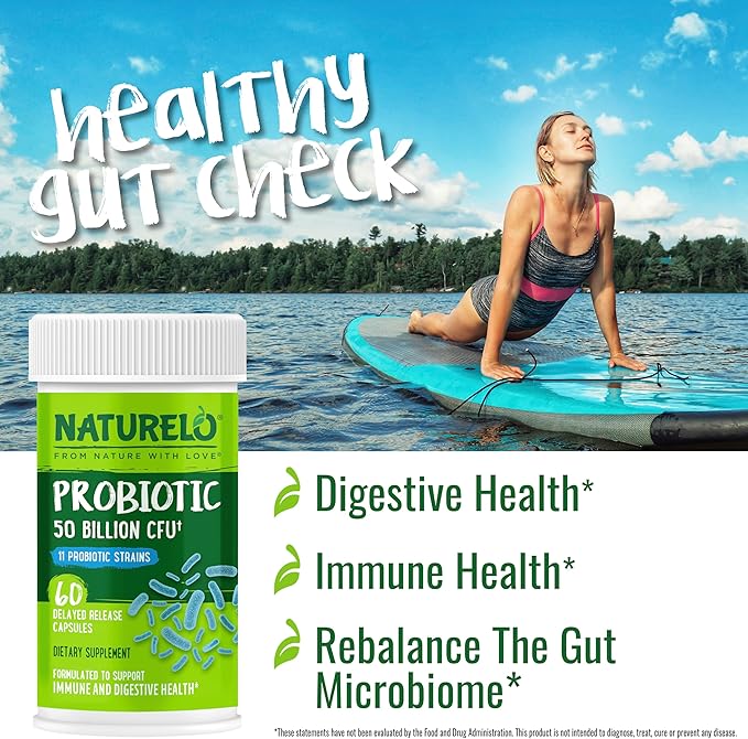 NATURELO Probiotics for Digestive Health 50 Billion CFU 60 Vegetarian Capsules 11 Strains Daily Use Supplement Delayed Release No-Fridge Boosts Immune System Probiotics for Women &amp Men