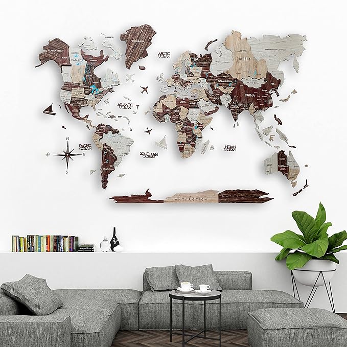 Handmade 3D Wood World Map Wall Art Large Wall Decor Track Your World Travels - Special for Home Kitchen and Office (Medium Cappuccino)