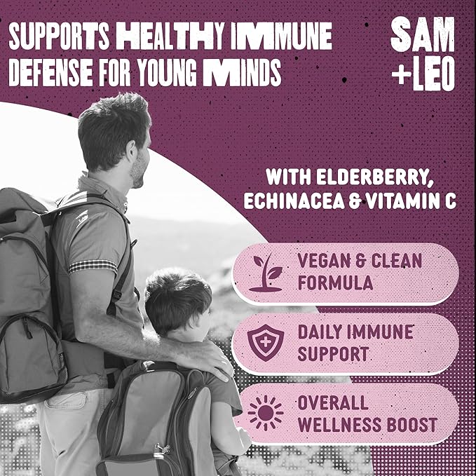 SAM+LEO Immunity Gummies with Elderberry Echinacea Zinc &amp Vitamin C for Kids &amp Teens – Immune Support Supplement Gummies | Vegan &amp Gluten Free Supplement – Berry Flavor (60 Count)