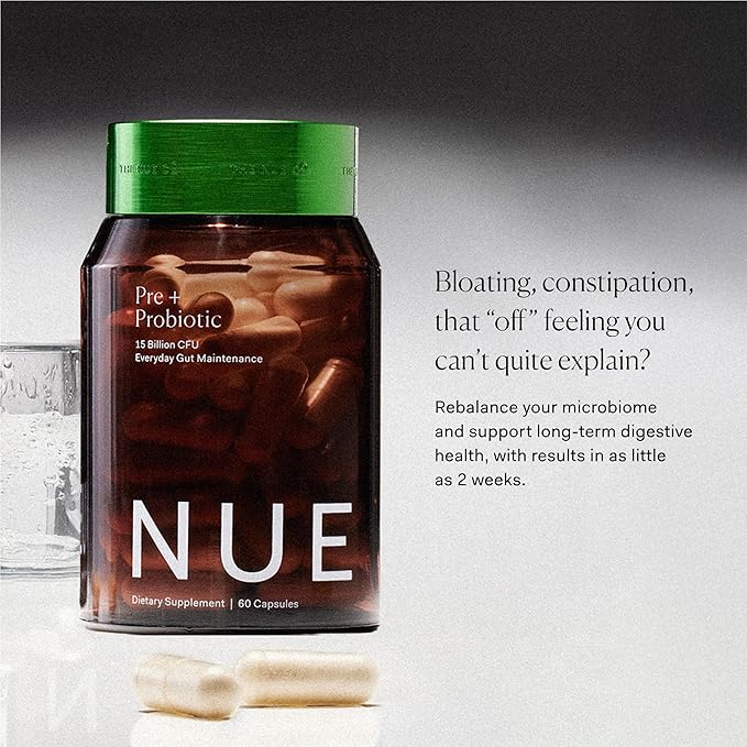 The Nue Co. Pre + Probiotic Supplement - Synbiotic &amp Spore Based Formula for Daily Gut Balance - Vegan &amp Gluten Free Immune Supplement - Supports Digestive Wellness Immunity &amp Skin | 60 C