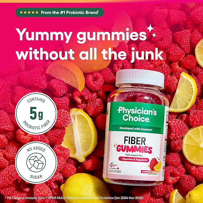 Physician's CHOICE Gut Gummy Bundle: Probiotic Gummies + Fiber Gummies - No Sugar Added &amp Vegan - Supports Digestive Health &amp Regularity for Women and Men