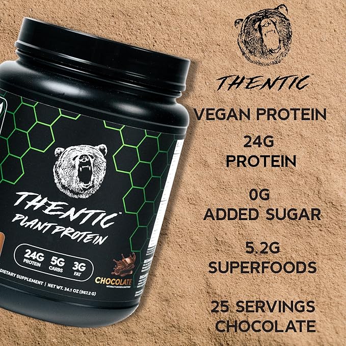 THENTIC Plant Based Protein Powder - Non Dairy Vegan Protein Zero Artificial IngredientsSoy &amp Gluten FreeNo Added Sugar5.8g BCAADigestive EnzymesOrganic Superfoods.25 Servings (Chocolate) 2.