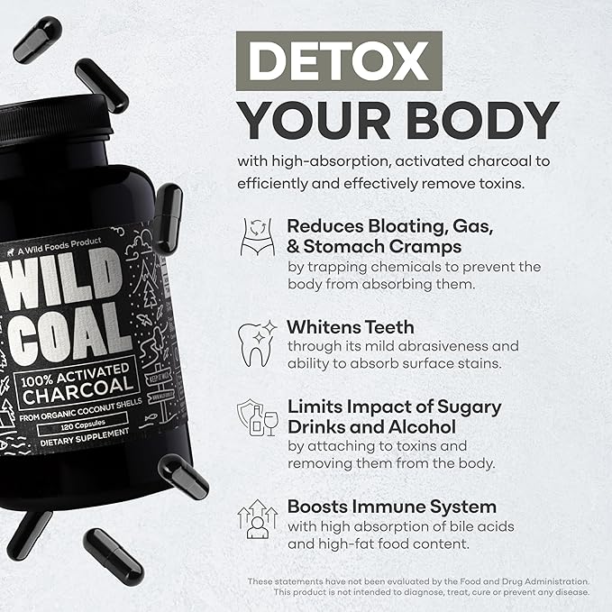 Wild Foods Activated Charcoal Capsules | 100% Organic Coconut Shells Active Tablets | Lab Tested &amp Non-GMO Detox Pills | USA (Three Bottles - 120 Capsules)