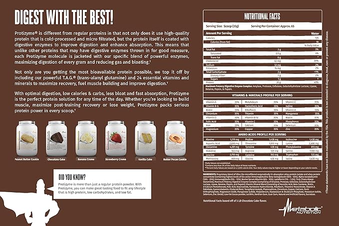 Metabolic Nutrition - Protizyme - Whey Protein Powder High Protein Low Carb Low Fat with Digestive Enzymes 24 Essential Vitamins and Minerals Banana Creme 2 Pound