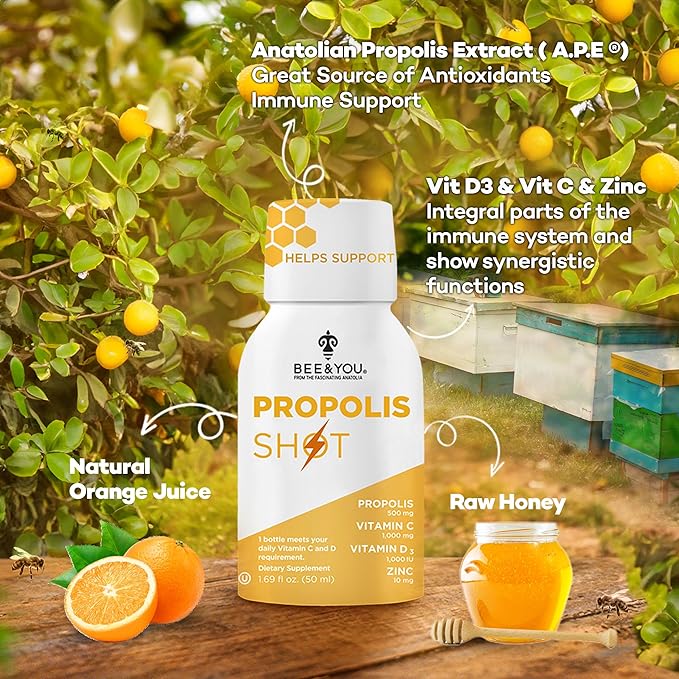 Bee and You Propolis Shot and Kids Shot Bundle Natural Propolis Shot Supplement Antioxidants Vitamin C VIT D3 Zinc Orange Juice Raw Honey 2 * 12 Bottles