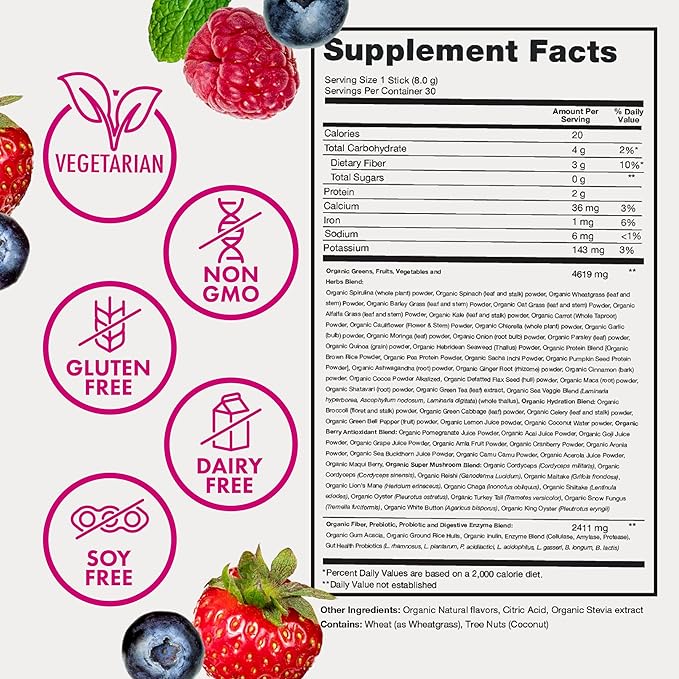 Zena Nutrition Organic Supergreens Greens Powder 70+ Superfoods Mixed Berry 30 Drink Mix Packets + Pure Colostrum Capsules 1500mg Supplement 1 Month Supply 90 Capsules