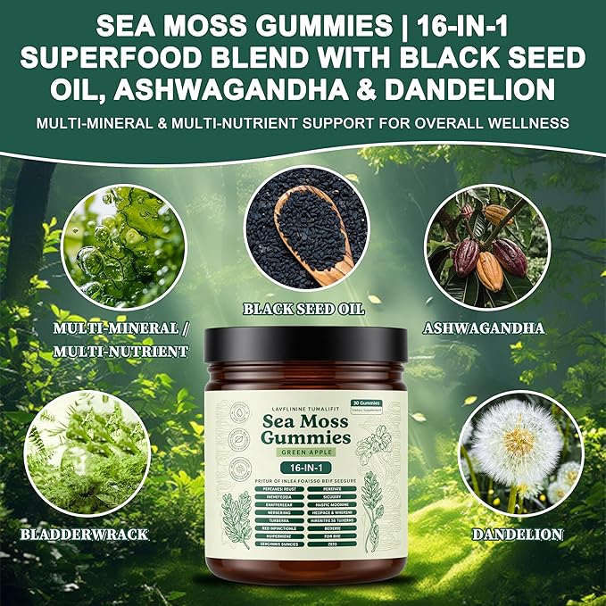 Sea Moss Gummies 16-in-1 Ashwagandha Black Seed Oil Bladder Wrack Turmeric Vitamin C Apple Cider Vinegar Non-GMO (Green Apple)