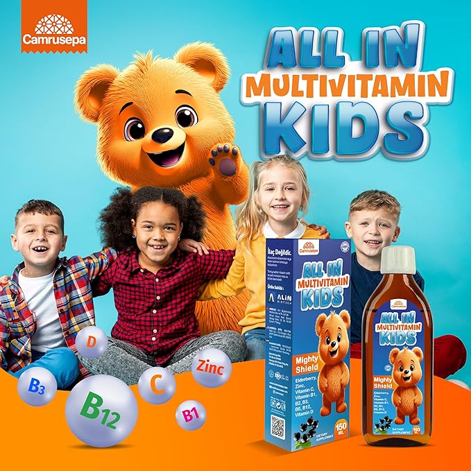 All in Multivitamin Kids Syrup – Black Elderberry Flavored Inositol Zinc Vitamin C Daily Liquid Multivitamin for Kids Immune Growth Appetite Energy – 150 ml / 5 fl oz