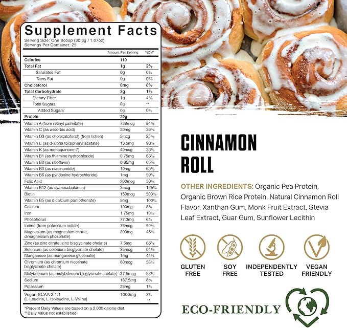 Ambrosia Planta - Plant-Based Protein Powder 20g | Dairy Free Vegan Protein Powder with BCAA Amino Acids | Keto-Friendly No Added Sugar | 25 Servings | Cinnamon Roll