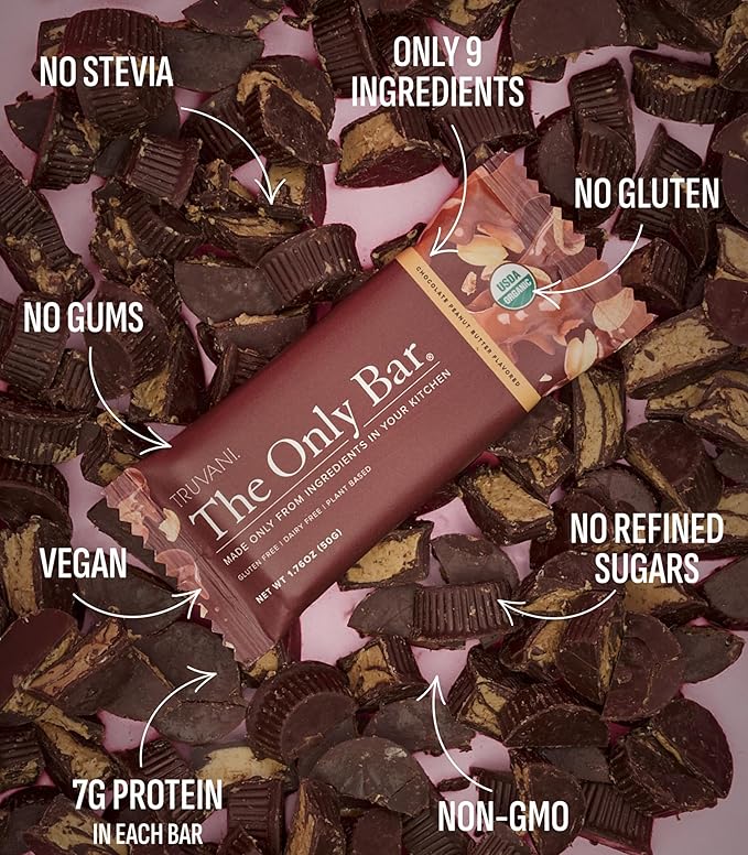 Truvani Plant Based Snack Bars | Chocolate Peanut Butter 12 Pack | 7g Protein | USDA Organic and Vegan | The Only Bar | Dairy Soy and Gluten Free | Individually Wrapped
