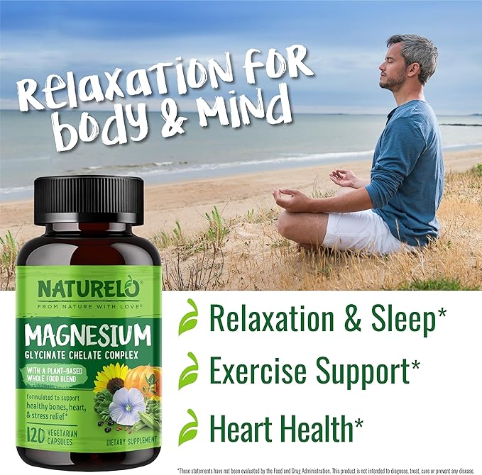 NATURELO Magnesium Glycinate Chelate Complex - 200 mg Magnesium with Organic Vegetables to Support Sleep Calm Muscle Cramp &amp Stress Relief - Gluten Free Non GMO - 120 Capsules
