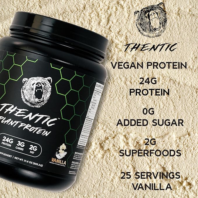 THENTIC Plant Based Protein Powder - Non Dairy Vegan Protein Zero Artificial Ingredients Soy&ampGluten FreeNo Added Sugar 5.8g BCAADigestive EnzymesOrganic Superfoods.25 Servings (Vanilla) 1.9