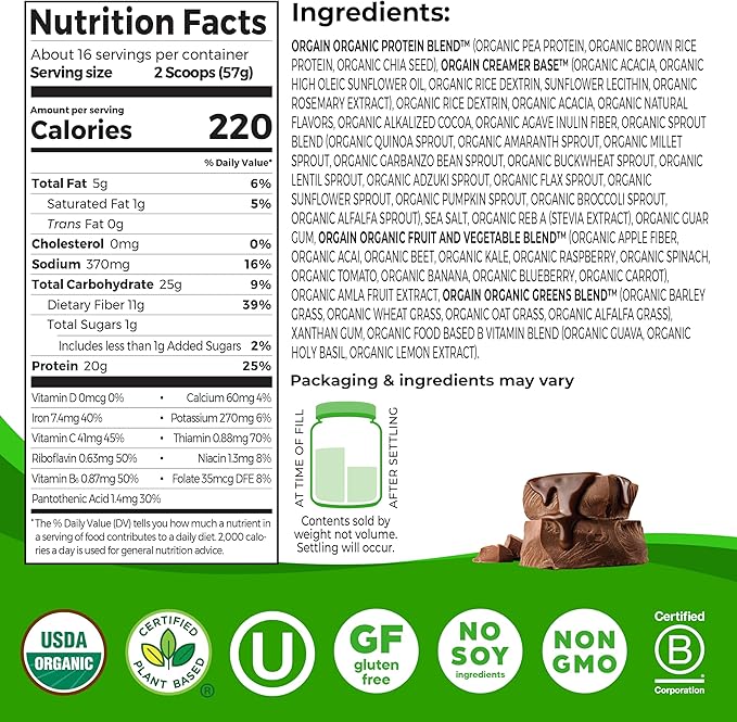 Orgain Organic Vegan Meal Replacement Protein Powder Creamy Chocolate Fudge - 20g Plant Based Protein Gluten Free Dairy Free Lactose Free Soy Free No Sugar Added For Smoothies &amp Shakes - 2.