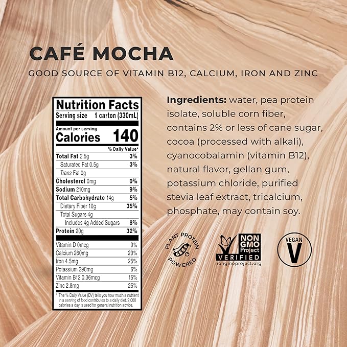 Evolve Plant Based Protein Shake Café Mocha 20g Vegan Protein Dairy Free No Artificial Sweeteners Non-GMO 10g Fiber 11oz (12 Pack) (Formula May Vary)