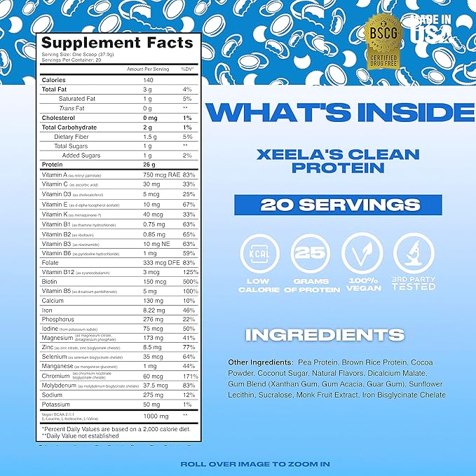 XEELA Plant Based Vegan Protein Powder - Independently Tested - 25g High Protein Pea Protein for Men &amp Women - Vitamins &amp Minerals Non GMO Dairy &amp Gluten Free LowCarb &amp LowFat (Pea