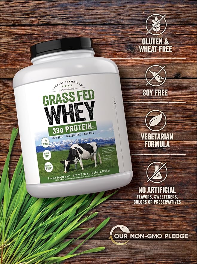 Carlyle Grass Fed Whey Protein Powder | 5lb (80 oz) | 33g of Protein Per Serving | Unflavored | Sugar and Hormone Free | Non-GMO and Gluten Free Supplement | by Herbage Farmstead