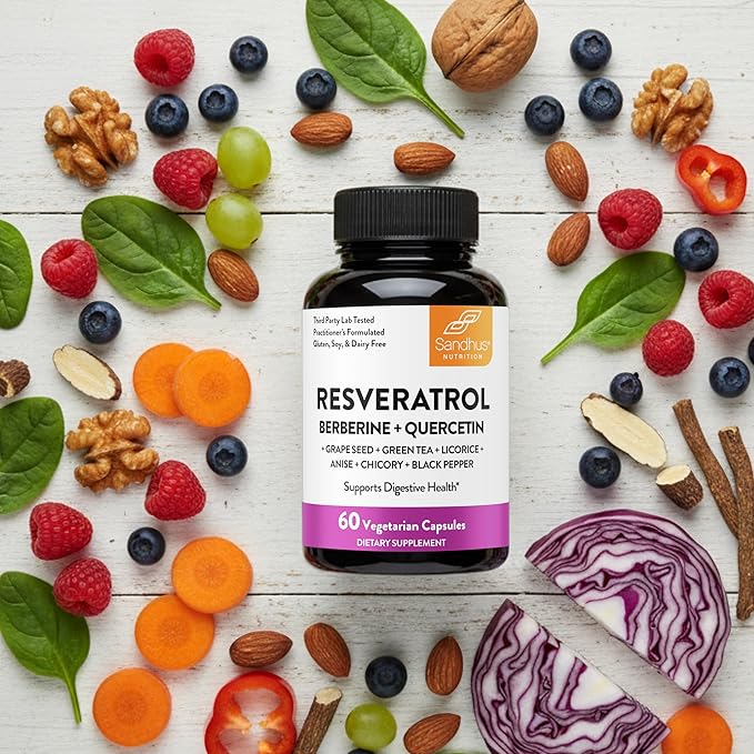 Resveratrol with Berberine Supplement For Gut Health Support | 120 Digestive Capsules For Women &amp Men | With Green Tea Extract Star Anise DGL Grape Seed Quercetin | Helps Ease Bloating &amp D