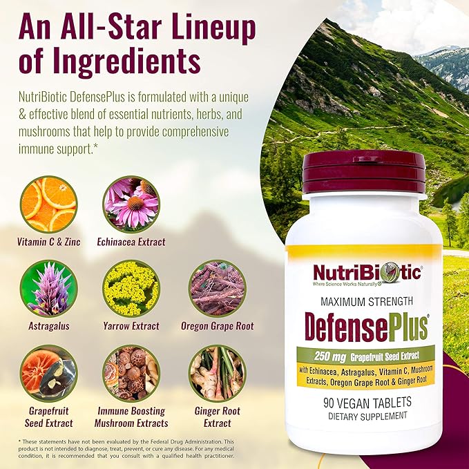NutriBiotic – DefensePlus 90 Tablets - 11 in 1 Immune Support with Vitamin C Zinc Grapefruit Seed Extract Echinacea Astragalus Root &amp Immune Boosting Extracts &amp Mushrooms - Vegan &amp Gl
