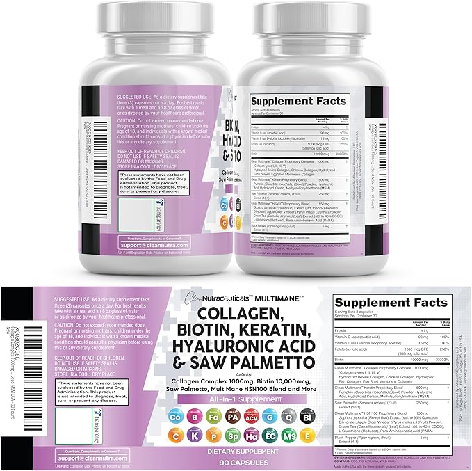 Clean Nutraceuticals Collagen Pills 1000mg Biotin 10000mcg Keratin Saw Palmetto Hyaluronic Acid - Hair Skin &amp Nails Vitamins &amp DHT Blocker with Vitamin E Folic Acid Pumpkin Seed MSM - 90 Count
