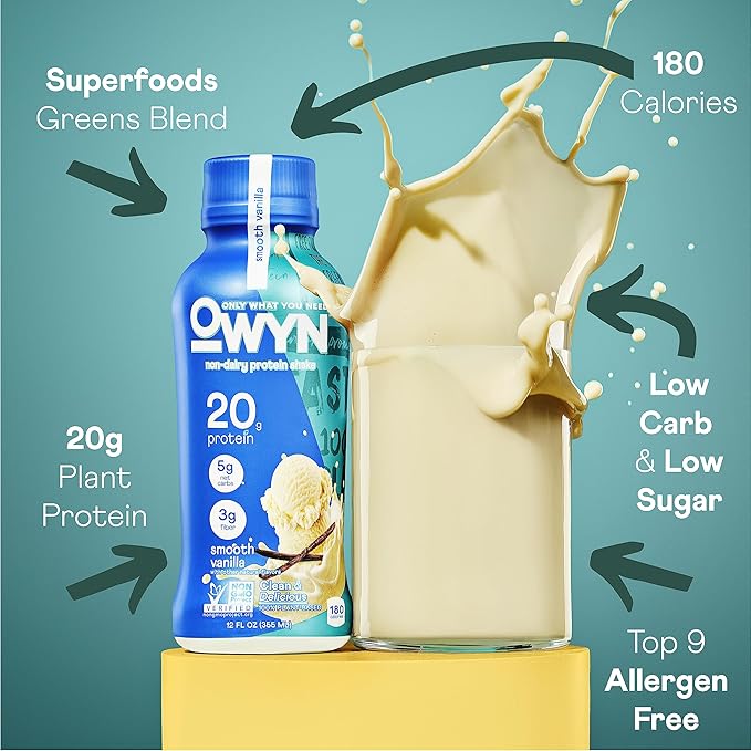 OWYN Only What You Need Smooth Vanilla Flavored Protein Shake 20g Protein 4g Sugar 3g Fiber Dairy Free Plant Based Protein Drink 12 Count