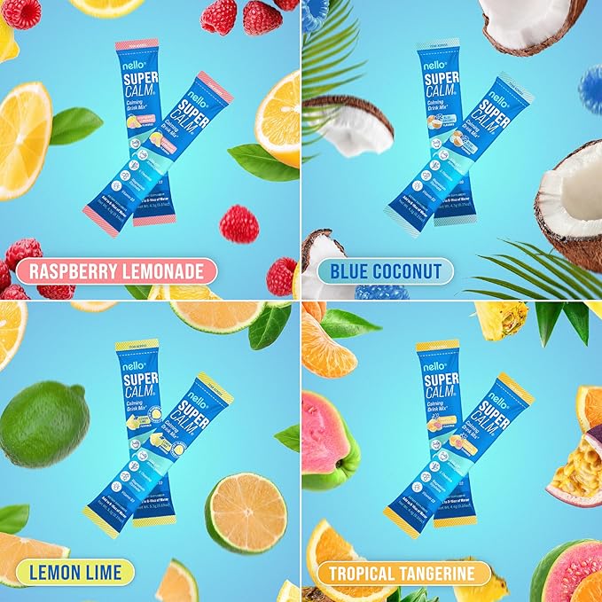 Nello Supercalm Powdered Drink Mix Cortisol Reducer* and Sleep Aid Supplement L Theanine Ksm-66 Ashwagandha Magnesium Glycinate Vitamin D 3 No Sugar Non GMO On The Go 20 Ct Variety Pack