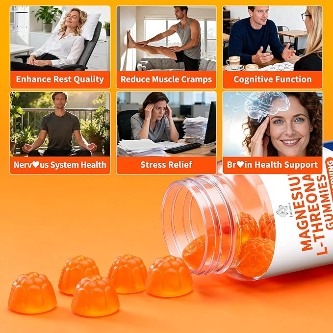 (2 Pack) Magnesium L-threonate Gummies 1000mg for Kids &amp Adults High Absorption Magnesium Threonate with L - Theanine Vitamin D3 &amp B6 for Muscle Nervous System Sugar-Free Orange Flavor
