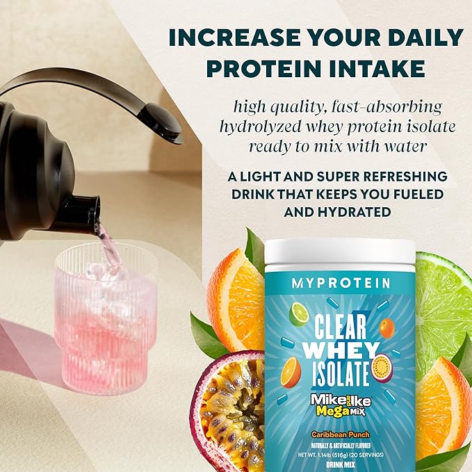 Myprotein Clear Whey Isolate Protein Powder 20 Servings (1.1lbs) Fruity Mike and IKE Caribbean Punch Drink Mix 20g Protein per Serving Daily Drink for Superior Performance