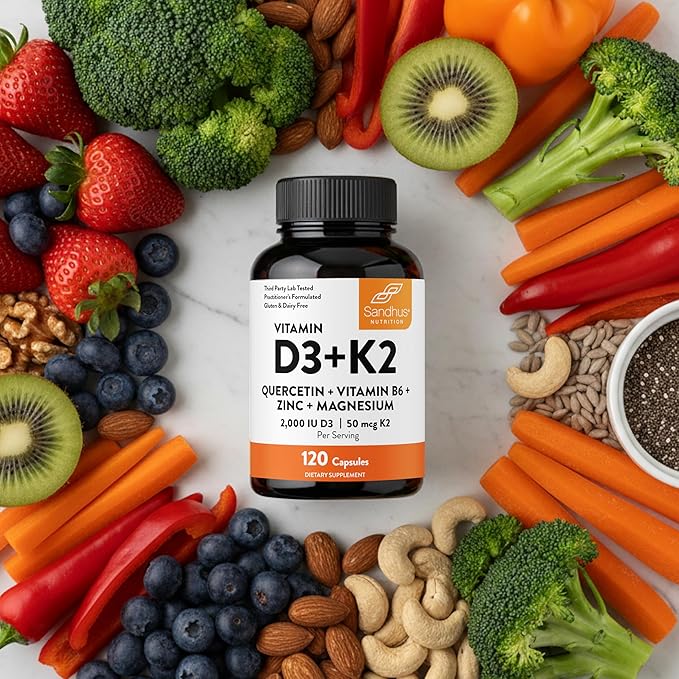 Sandhu's Vitamin D3 K2 Magnesium 2000 IU 50mcg K2 Capsules 120 Count (Pack of 2) | with VIT B6 Zinc &amp Quercetin | D3K2 Supports Superior Absorption Energy Immune Muscle Health for Men &amp W