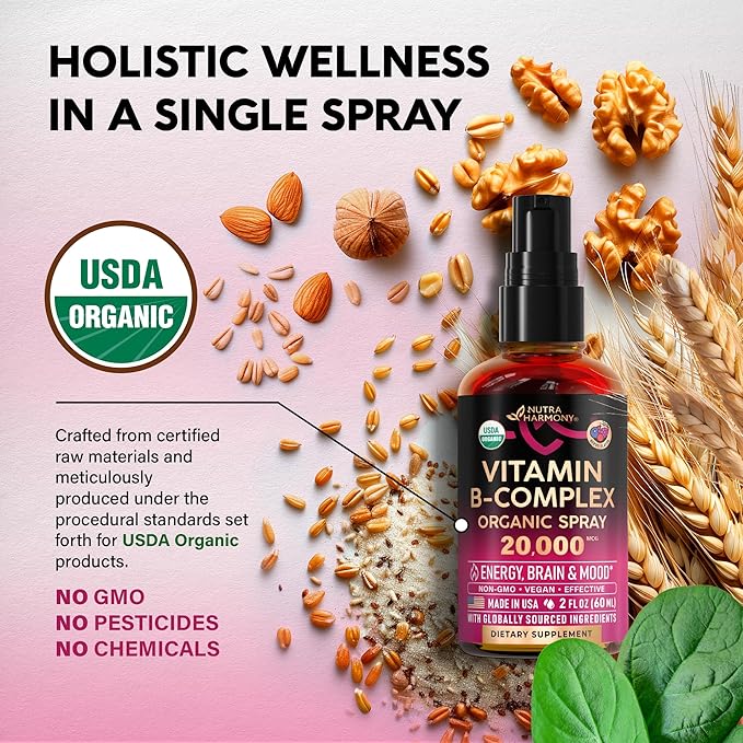 USDA Organic Vitamin B-Complex Liquid Spray 8-in-1 - B5 Pantothenic Acid | B12 Methylcobalamin | B1 Thiamine | B6 Pyridoxine | B7 Biotin | B9 Folic | B3 Niacinamide - Made in USA Supplement 2fl oz