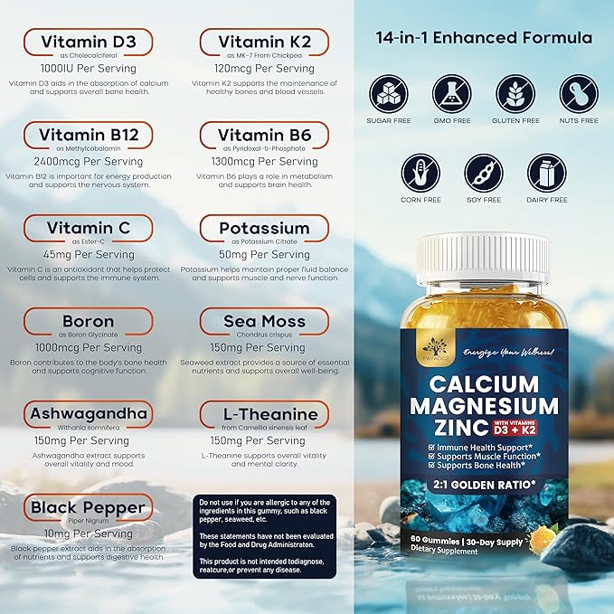 (2 Pack) Calcium Magnesium Zinc Gummies with Vitamin D3 K2 B12 &amp B6 for Adults Sugar Free Magnesium Glycinate with Potassium Sea Moss Supplement Calcium Citrate for Bone Mood &amp Sleep Suppo
