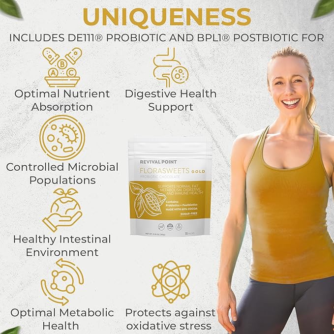 Florasweets Gold Chocolate Bites with Probiotic + Postbiotic Stains DE111 &amp BPL1 - Indivally Wrapped - Supports Digestive &amp Gut Health Bacillus subtilis (1)