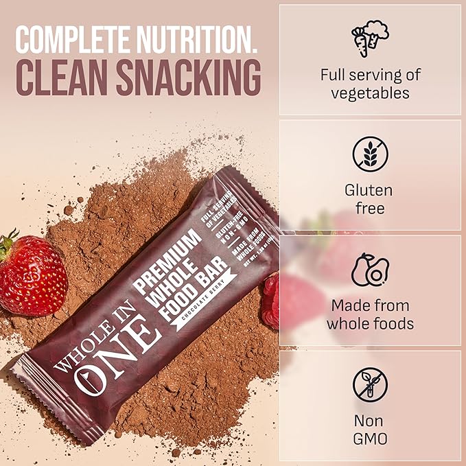 BrickHouse Nutrition Whole In One Bars: Healthy Snacks for Adults | Non-GMO Gluten Free Snack Bars | Real Fruits &amp Vegetables - Chocolate Berry (12 Bars)