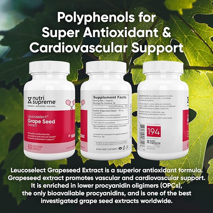 Nutri Supreme Grapeseed Extract Leucoselect Polyphenols for Super Antioxidant Support Cardiovascular Health Kosher Certified 60 Capsules