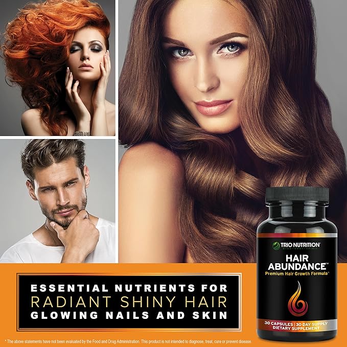 TRIO NUTRITION Hair Abundance | Natural Vitamin Supplement for Hair Growth Strong Nails and Smooth Skin| Boosted with Collagen Keratin Zinc &amp Selenium | Biotin 10000mcg | 30 Day Supply