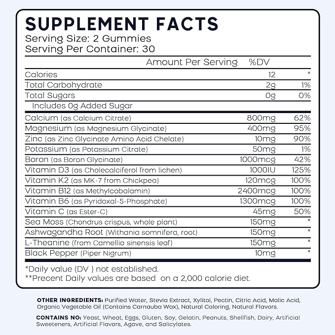 (2 Pack) Calcium Magnesium Zinc Gummies with Vitamin D3 K2 B12 &amp B6 for Adults Sugar Free Magnesium Glycinate with Potassium Sea Moss Supplement Calcium Citrate for Bone Mood &amp Sleep Suppo