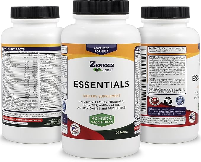 Zenesis Labs Essentials - a Natural &amp Nutrient Rich Multi-Vitamin - with Minerals Enzymes Amino Acids Antioxidants and Probiotics - 90ct
