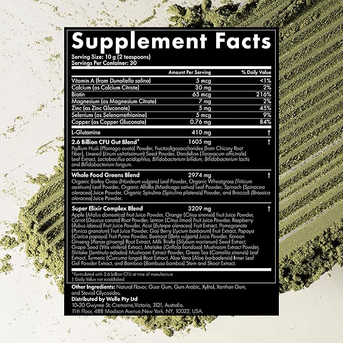 WelleCo The Super Elixir Daily Greens Powder Probiotic Drink Mix with Whole Foods Gluten Free Vegan Gut Health Powder Energy Immunity Healthy Skin Hair &amp Nails (Jar Blood Orange)