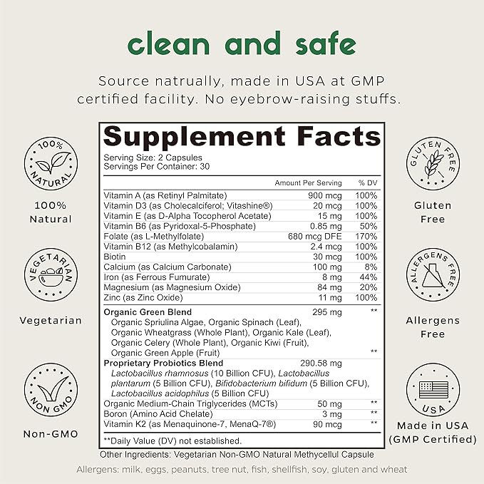 Zenkgo Women's Vitamins + Probiotics 25B CFU + Organic Whole Foods Supports Immunity Digestion Energy Daily Vitamins A E B6 B12 Vegan D3 K2 (MK-7) Folate Minerals Superfoods(60Ct/30Day)