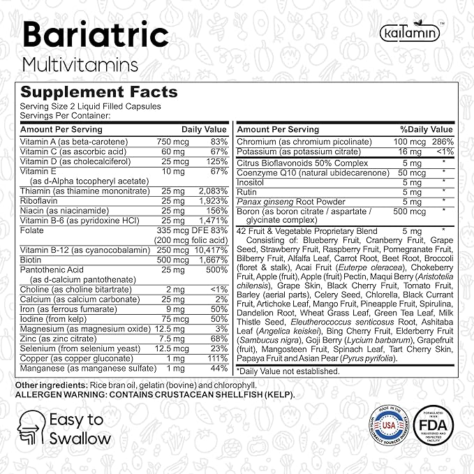 Bariatric Multivitamin with Iron – Post Bariatric Surgery – Gastric Bypass &amp Sleeve Support – for Women &amp Men – Easy to Swallow – B12 B6 &amp 42 Superfoods –Gluten-Free- 120 Caps 2-Month Sup