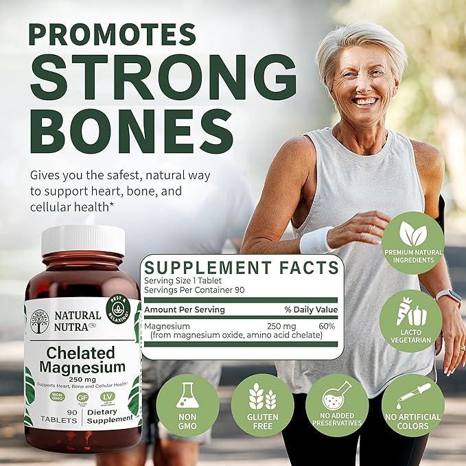 Natural Nutra Chelated Magnesium Oxide 250 mg - High Absorption for Strong Bones Heart Health Energy Boost Gluten-Free Non-GMO 90 Tablets (3 Pack) in BPA-Free Recyclable Glass Bottles