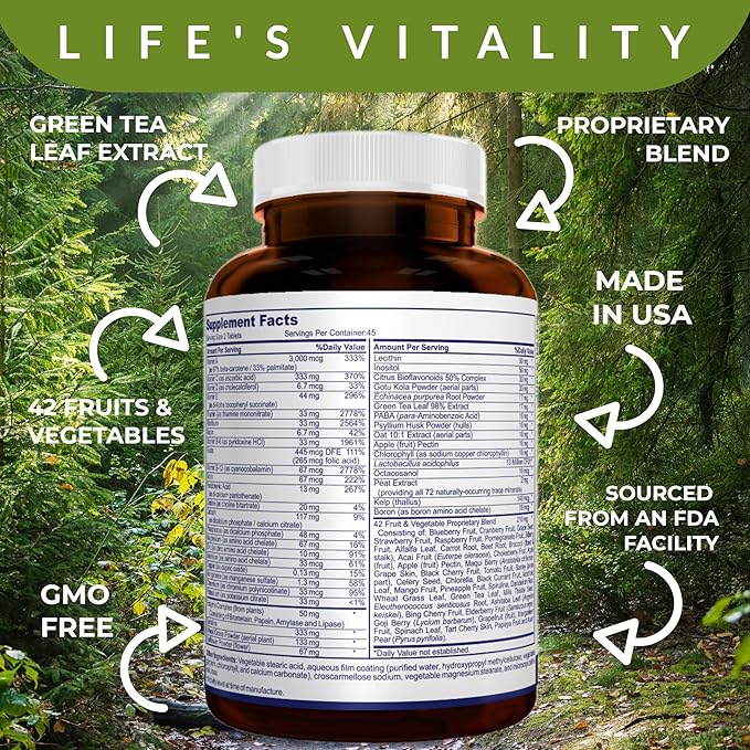 Life's Vitality Vegan Multivitamin for Men &amp Women – Non-GMO Formula with 42 Fruits and Vegetables Daily Multivitamin and Mineral Complex with Vitamin D for Immune Support 90 Tablets