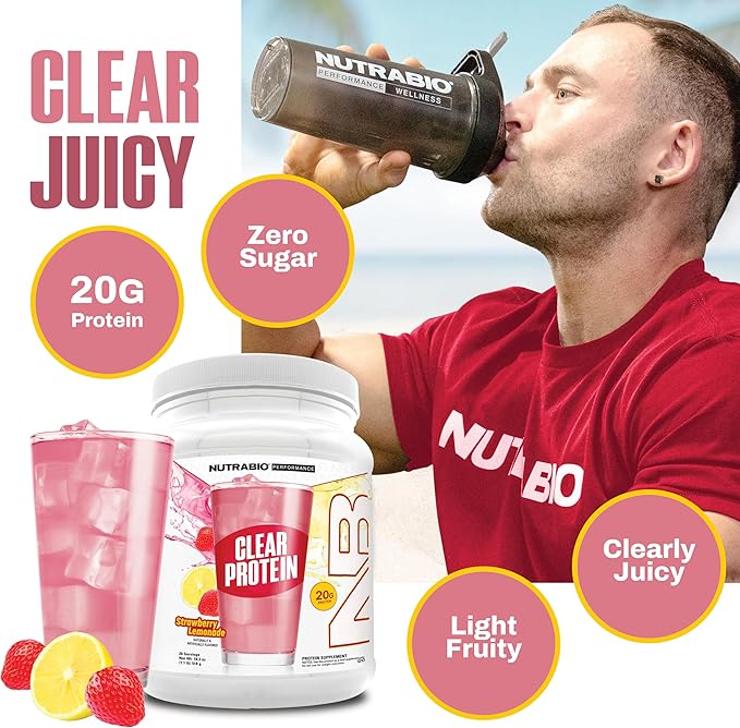 NutraBio Clear Protein Powder Strawberry Lemonade - 20 Servings 20g Clear Whey Protein Isolate 0 Sugar 0g Lactose Refreshing Fruit Flavors GLP1 Support -Bone Health -Muscle Post Workout Recovery